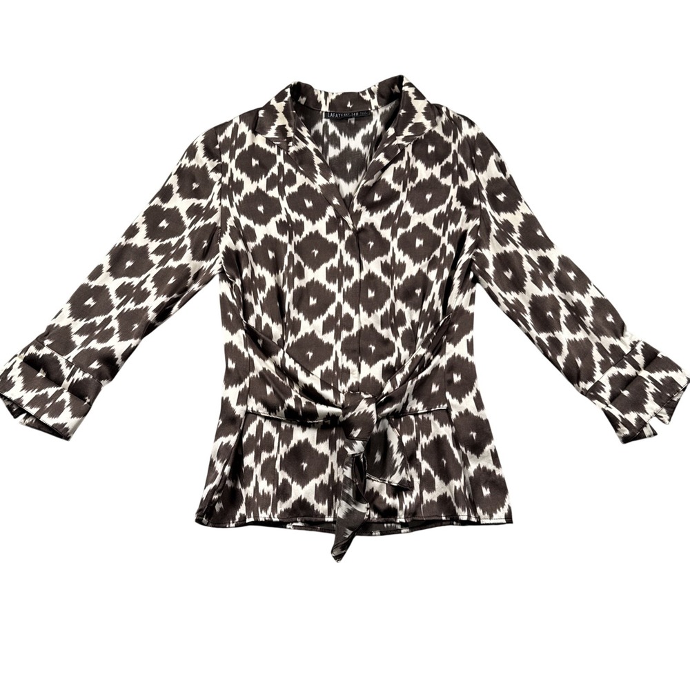 Lafayette 148 Silk Top Womens 4 Button Up 3/4 Sleeve Tie Front‎ Animal Career - Picture 1 of 14